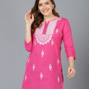 women pink rayon chikankari embroidered straight kurti