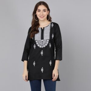 women black rayon chikankari embroidered straight kurti
